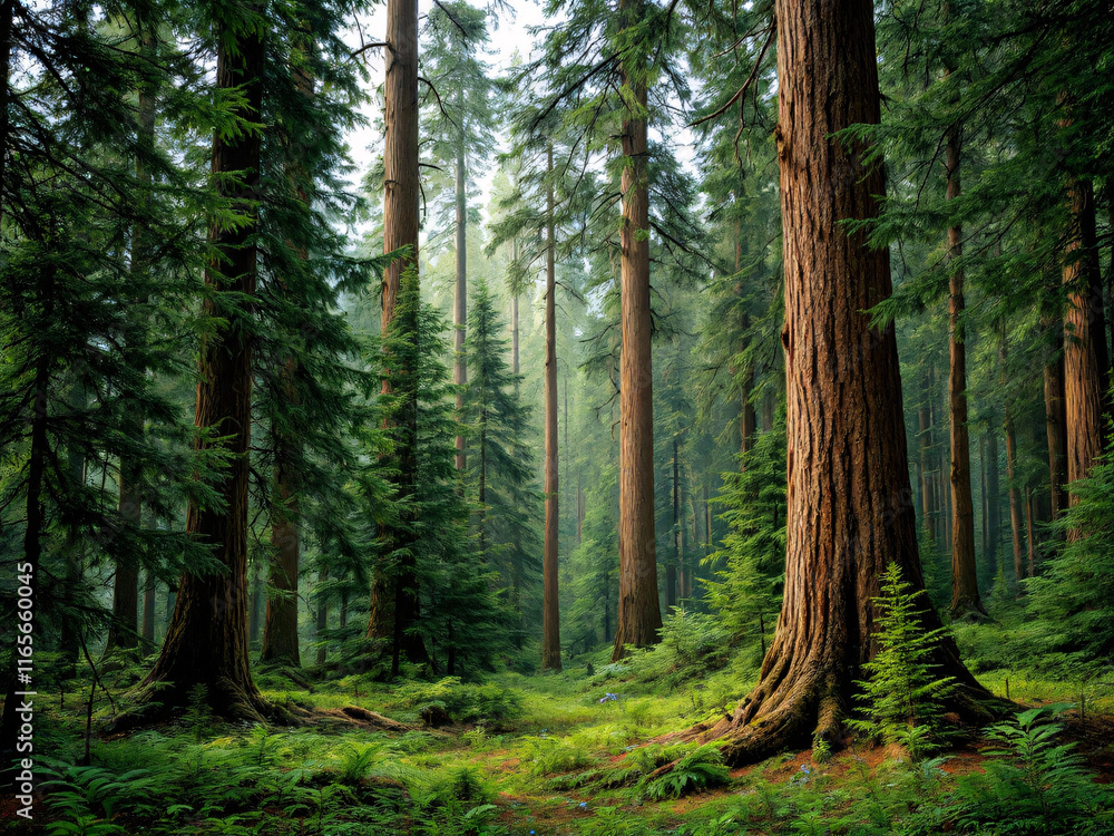 Obraz premium Misty forest scene with tall trees fading into a thick, ethereal fog, creating a serene atmosphere.