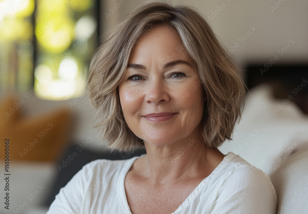 A middle-aged woman with light hair sits comfortably in a bright living room. She wears a relaxed outfit and has a friendly expression, creating an inviting atmosphere. A middle-aged woman with light hair sits comfortably in a bright living room. She wears a relaxed outfit and has a friendly expression, creating an inviting atmosphere.