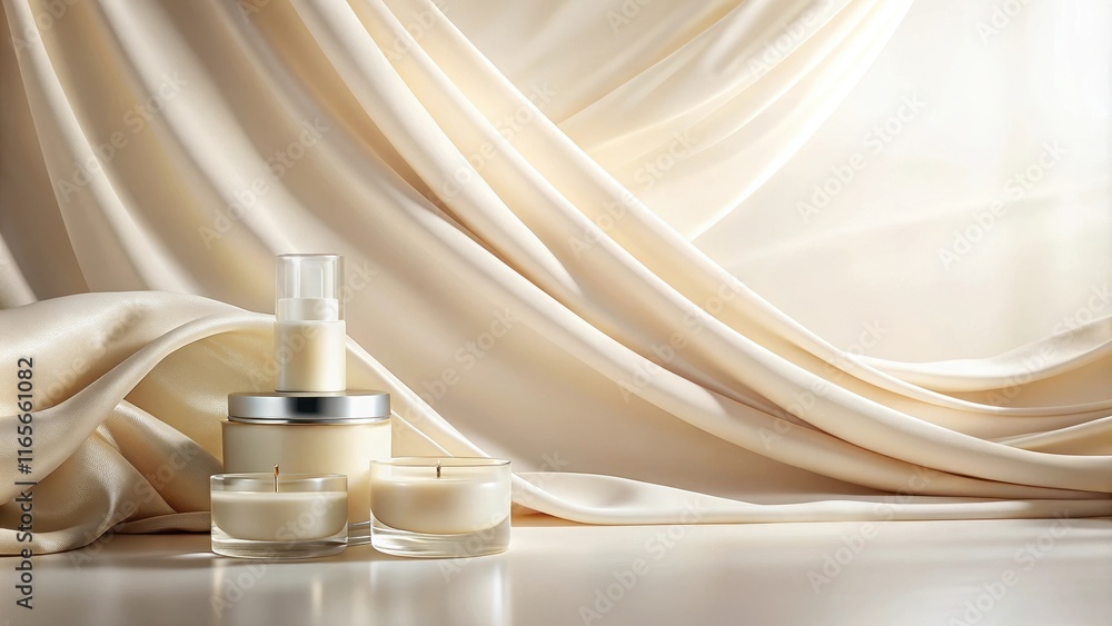 Naklejka premium Creamy skincare and candle arrangement on luxurious fabric
