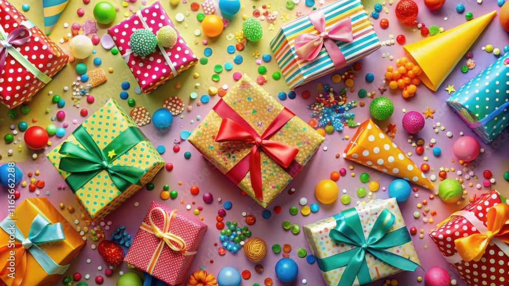 A festive spread of colorful wrapped gifts, scattered candy, and party hats, creating a joyous atmosphere. A festive spread of colorful wrapped gifts, scattered candy, and party hats, creating a joyous atmosphere.