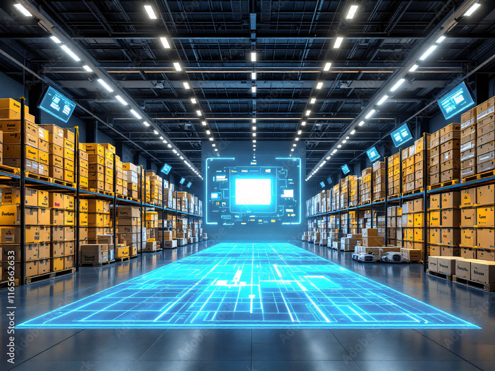 Fototapeta premium Large, modern warehouse with automated systems and organized storage solutions.