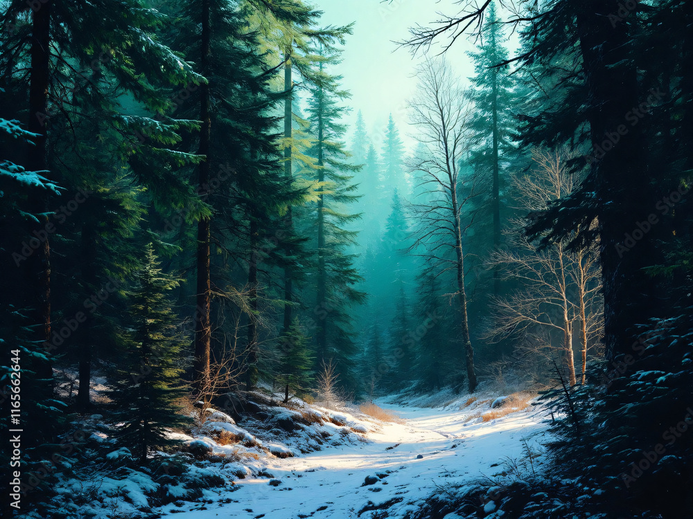 Fototapeta premium Misty forest scene with tall trees fading into a thick, ethereal fog, creating a serene atmosphere.