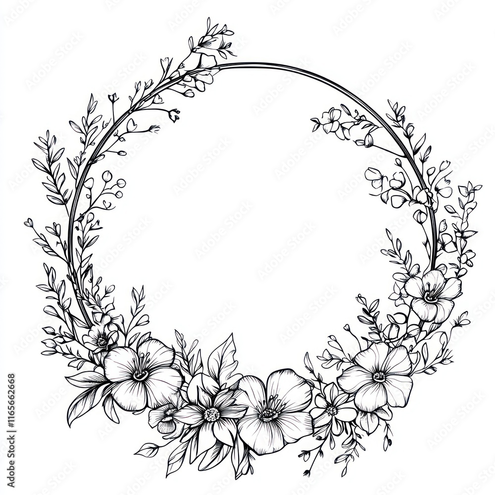 Fototapeta premium Elegant Floral Wreath Design Black And White Illustration