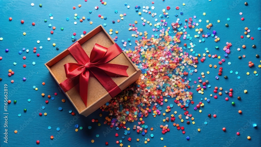 A kraft paper gift box with a red ribbon bow spills colorful confetti on a deep blue background. A kraft paper gift box with a red ribbon bow spills colorful confetti on a deep blue background.