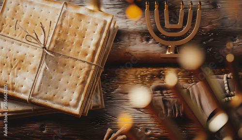 Close-up of matzah bread with a menorah in the background, creating a sacred and meaningful scene photo