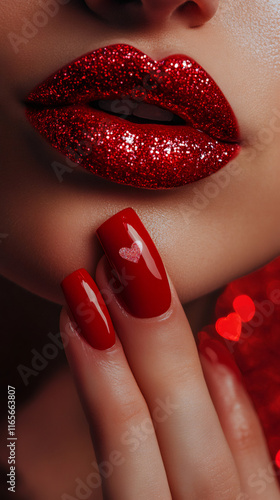 Red-glittered lips, matching manicure revealing Valentine's glamorous beauty styling