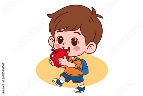 A little boy is eating an apple. Vector illustration in cartoon style.