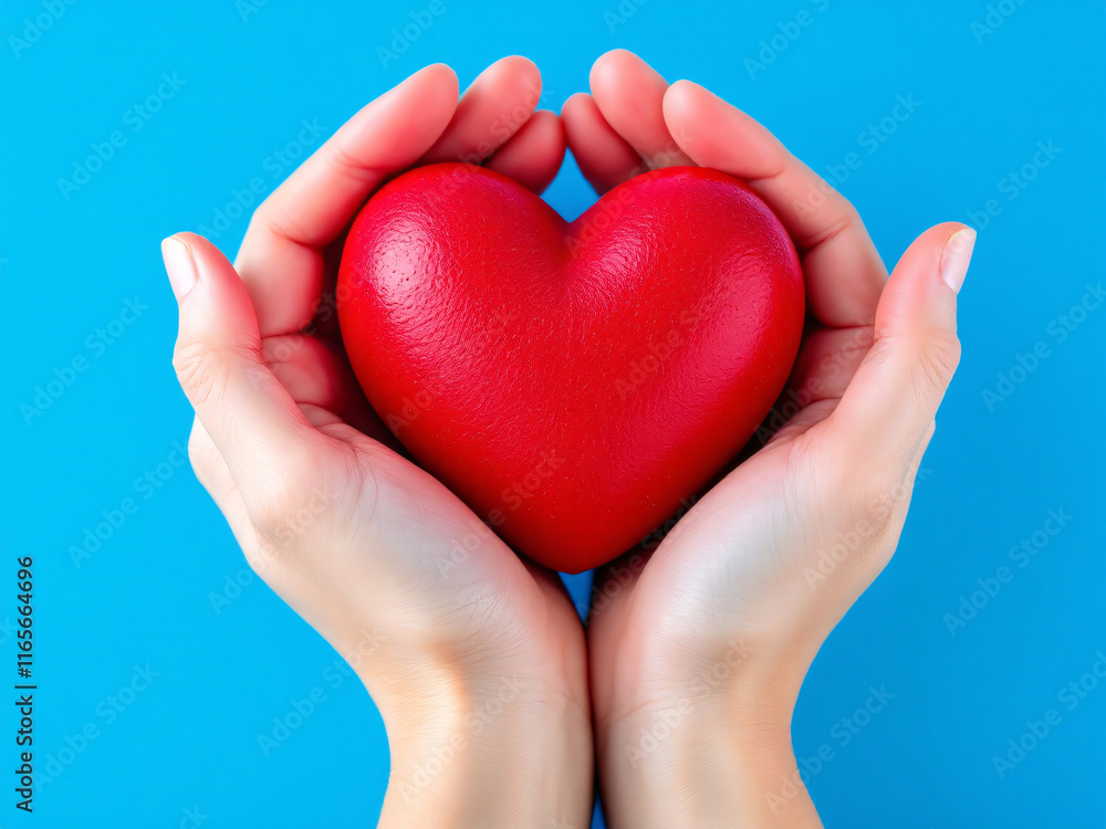 Fototapeta premium Hands holding a glowing red heart against a blue background, symbolizinHands holding a glowing red heart against a blue background, symbolizing love and care.g love and care.