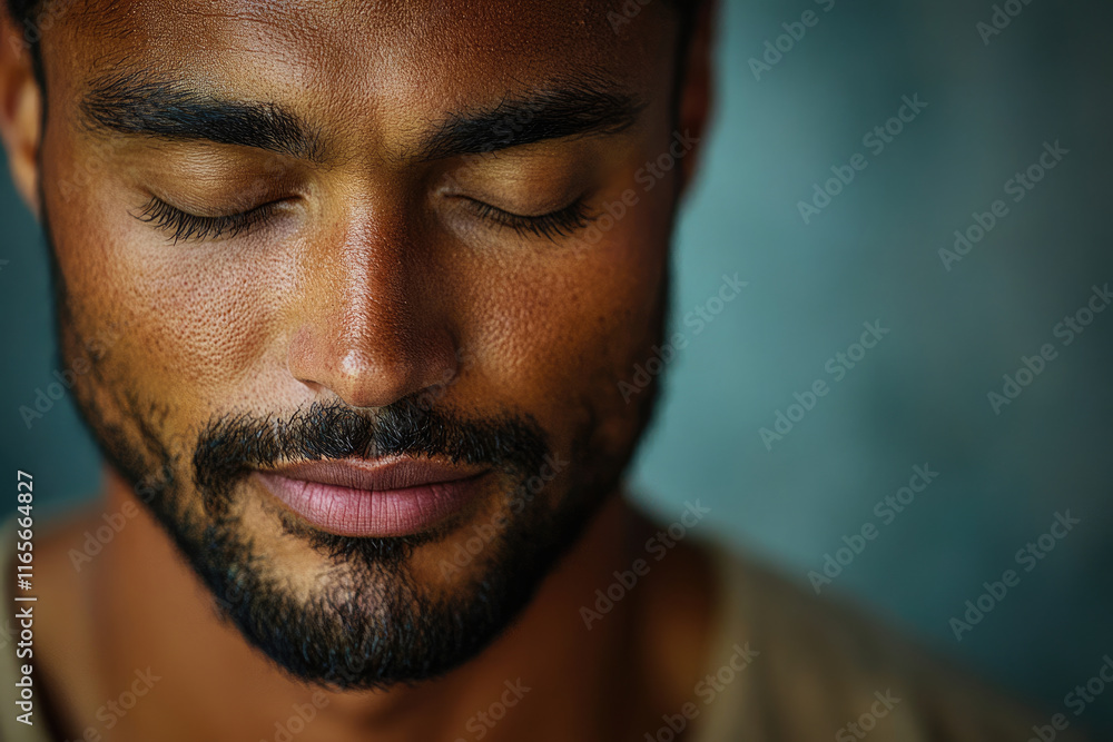 Fototapeta premium Close-up portrait of a man with his eyes closed, conveying serenity and contemplation.