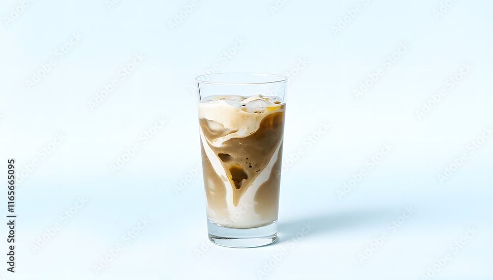 Iced Coffee Swirl: Refreshing iced coffee with creamy swirls in a tall glass against a light blue background. Perfect for summer vibes and coffee shop menus. Iced Coffee Swirl: Refreshing iced coffee with creamy swirls in a tall glass against a light blue background. Perfect for summer vibes and coffee shop menus.