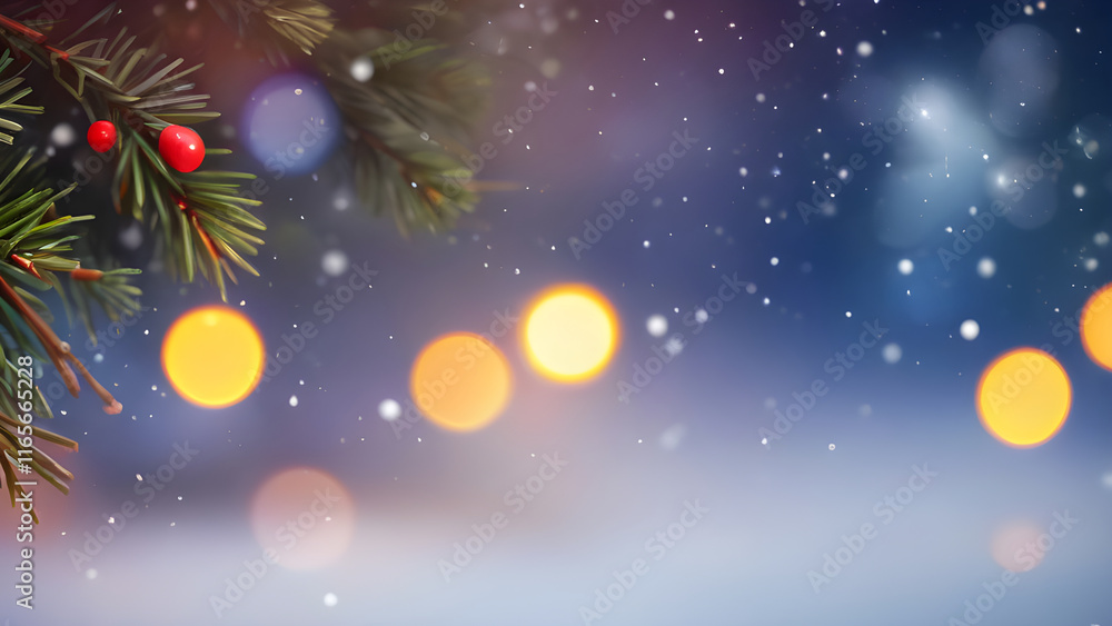 Fototapeta premium Christmas tree branch with red berries falling snow and golden bokeh lights