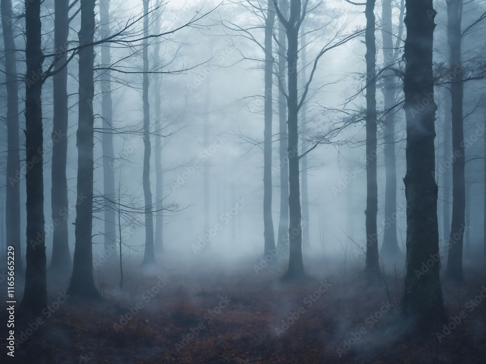 Naklejka premium Misty forest scene with tall trees fading into a thick, ethereal fog, creating a serene atmosphere.