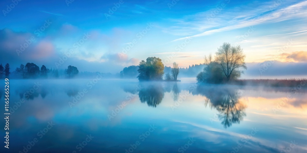 Serene Mist Shrouds a Tranquil Lake at Dawn, Reflecting the Colors of the Sky Serene Mist Shrouds a Tranquil Lake at Dawn, Reflecting the Colors of the Sky