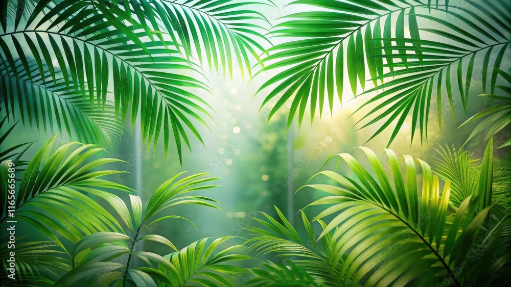 A lush green palm frond border with dappled sunlight filtering through the foliage, creating a serene and tropical atmosphere. A lush green palm frond border with dappled sunlight filtering through the foliage, creating a serene and tropical atmosphere.