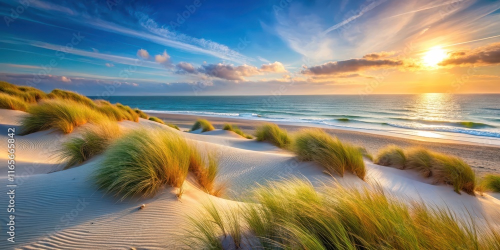 Serene coastal dunes at sunset, bathed in golden light, with gentle waves lapping the shore Serene coastal dunes at sunset, bathed in golden light, with gentle waves lapping the shore