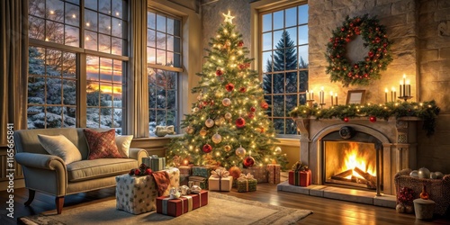 Wallpaper Mural Cozy Christmas living room with a decorated tree, fireplace and a view of a snowy winter sunset Torontodigital.ca