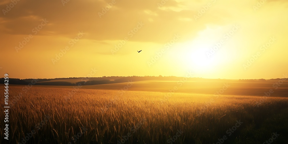 Fototapeta premium Golden sunset over a vast wheat field with a single bird in flight.