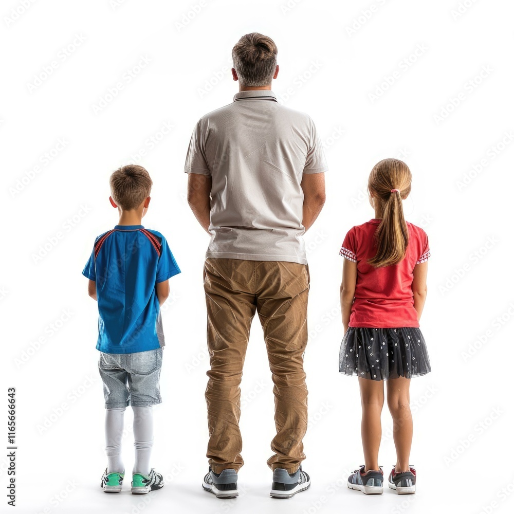 A father and his two children stand with their backs to the camera, showcasing a heartwarming family portrait. A father and his two children stand with their backs to the camera, showcasing a heartwarming family portrait.