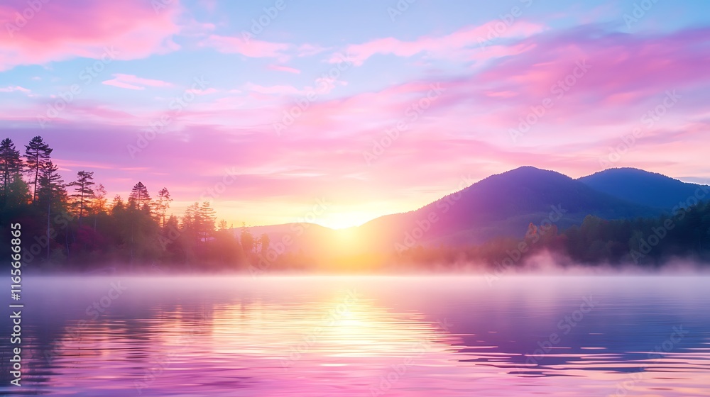 Fototapeta premium Serene sunrise over a misty lake with mountains in the background.
