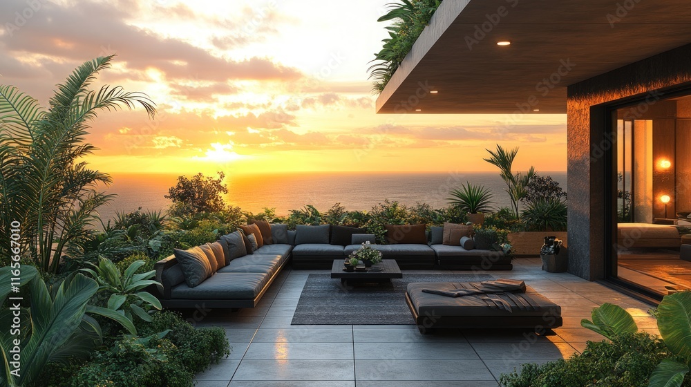 Fototapeta premium Ocean view patio; sunset, lounge furniture, lush plants.