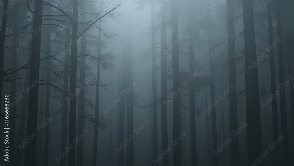 Obraz premium Enigmatic Forest Path: A dense fog cloaks a mysterious forest path, creating an ethereal atmosphere of intrigue and wonder. The towering trees seem to disappear into the misty haze.