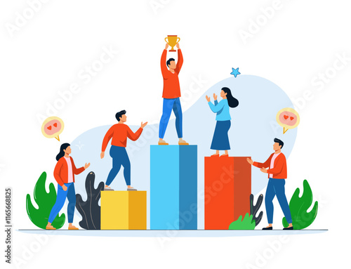 success business team achievement leadership award finance challenge leader gold cup financial chart growth complete plan goal cartoon vector illustration
