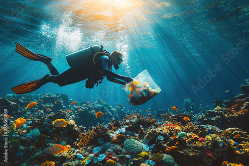 Wallpaper Mural Diver collects marine life while exploring vibrant coral reef underwater during sunny day Torontodigital.ca