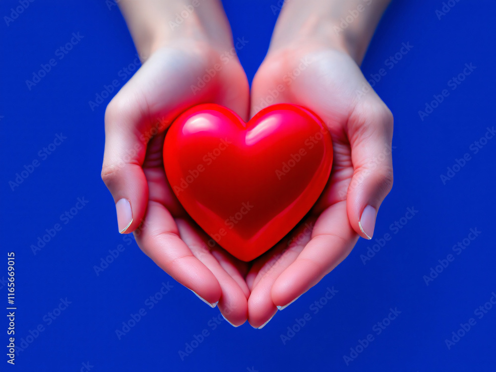 Hands holding a glowing red heart against a blue background, symbolizing love and care. Hands holding a glowing red heart against a blue background, symbolizing love and care.
