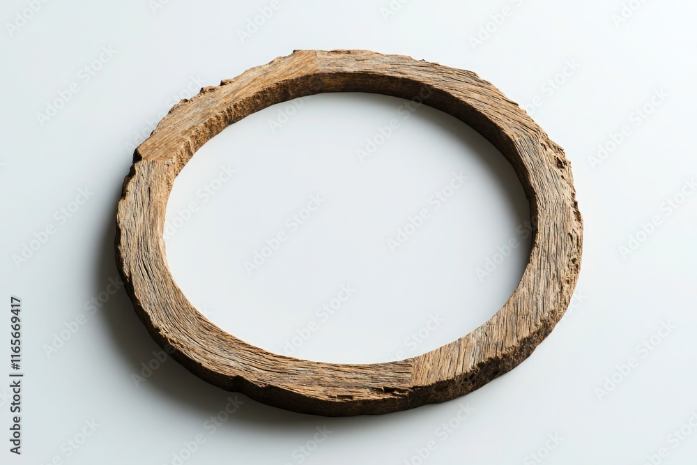 A circular wooden frame with a rough oak texture, laying flat on a white surface, emphasizing the grain detail. A circular wooden frame with a rough oak texture, laying flat on a white surface, emphasizing the grain detail.