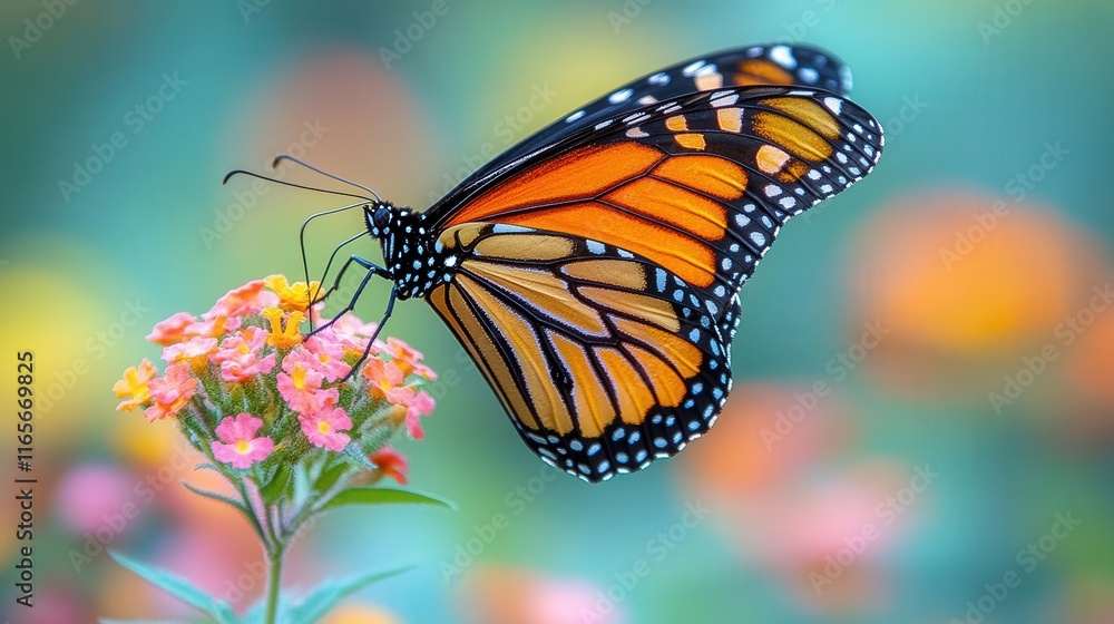 Obraz premium [Colorful Butterfly Perched On Pink Flower] Vibrant Butterfly Perched on Pink Flower in Serene Garden Setting with Soft Focus Blur Background