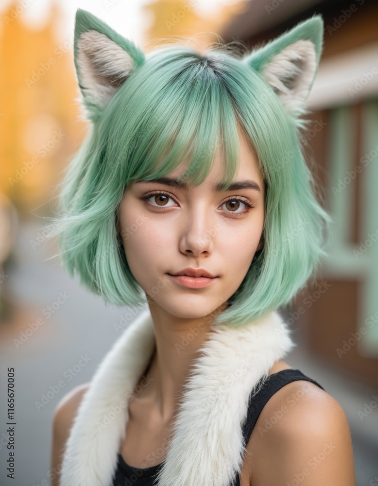 portrait of girl with green hair and foxy ear portrait of girl with green hair and foxy ear