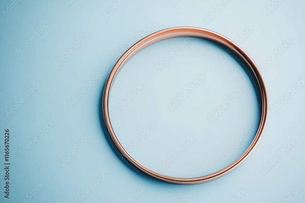 A circular frame made of polished copper, laying flat on a light blue background, subtly reflecting its surroundings. A circular frame made of polished copper, laying flat on a light blue background, subtly reflecting its surroundings.