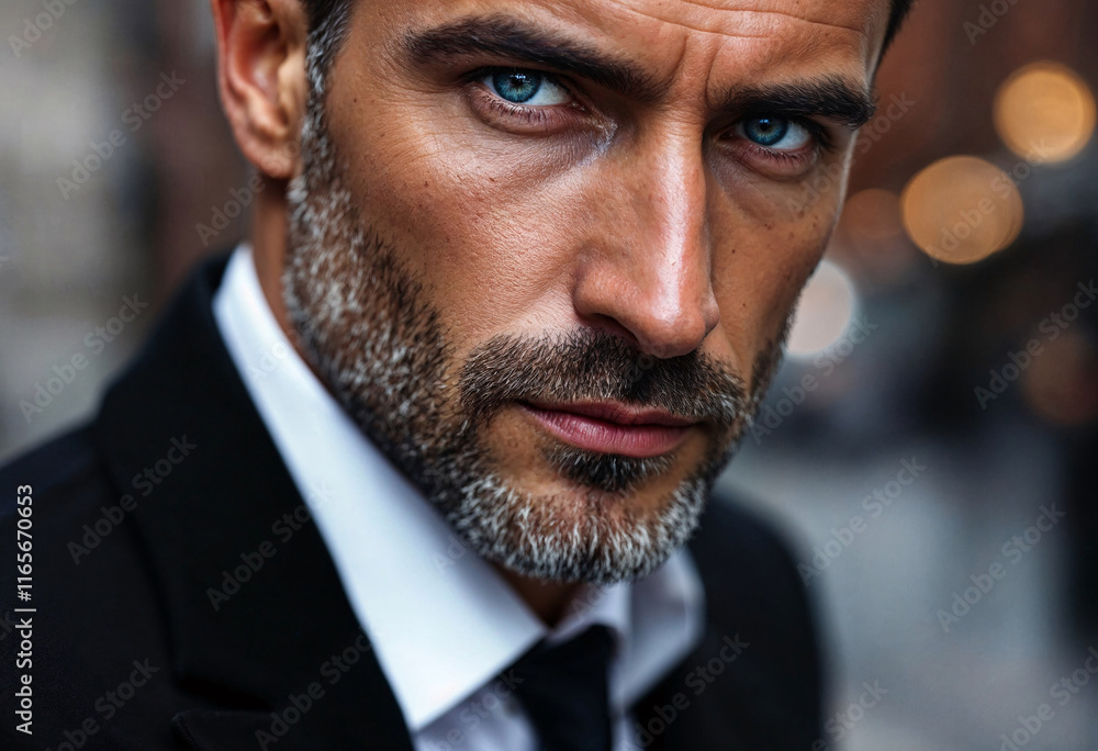 Capturing intensity in an urban setting featuring a man in a formal suit with striking blue eyes and a well-groomed beard during twilight Capturing intensity in an urban setting featuring a man in a formal suit with striking blue eyes and a well-groomed beard during twilight