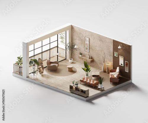 Isometric view living room muji style open inside interior architecture 3d rendering