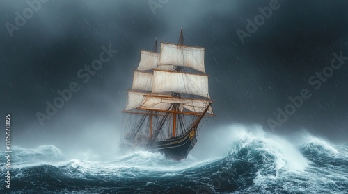 Here's a 10-word description of the image: Stormbound sailing ship photo