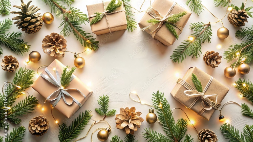 A Festive Arrangement of Wrapped Gifts, Pine Branches, and Gold Ornaments Adorned with Twinkling Lights A Festive Arrangement of Wrapped Gifts, Pine Branches, and Gold Ornaments Adorned with Twinkling Lights