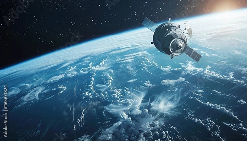 Fototapeta Naklejka Na Ścianę i Meble -  Spacecraft Orbiting Earth: A stunning view of a spacecraft gracefully orbiting planet Earth, captured against the backdrop of a star-studded cosmos. This image evokes a sense of wonder, exploration.