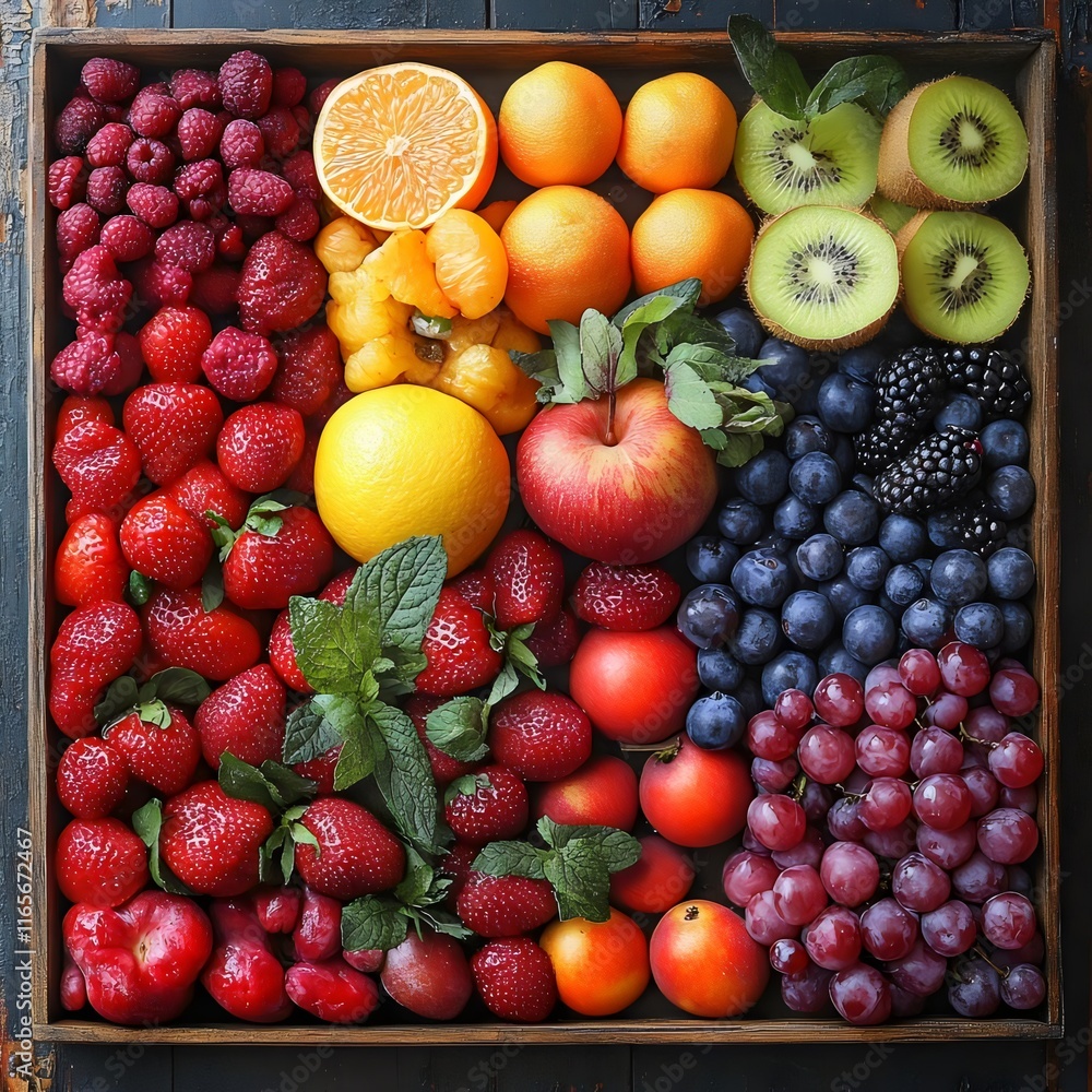A tray of assorted fruits including apples, oranges, kiwis, and blueberries A tray of assorted fruits including apples, oranges, kiwis, and blueberries