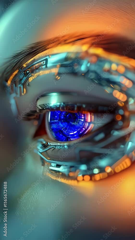 Close up of android female face with robotic bionic eye Close up of android female face with robotic bionic eye
