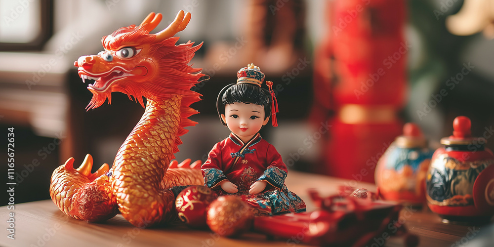 Naklejka premium a small child doll sits next to a dragon doll surrounded by Chinese New Year ornaments on a table. lots of empty space for text. light background blur