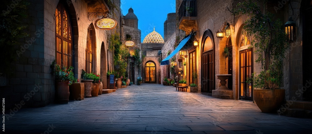 Fototapeta premium [European town alleyway at night] Romantic European Alleyway at Night with Lanterns and Street Lamps