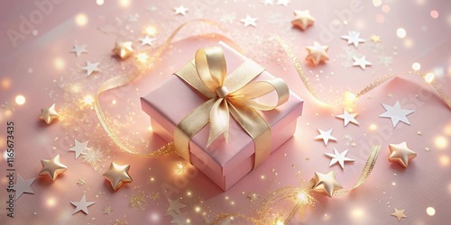 A pink gift box adorned with a golden bow surrounded by sparkling stars and a ribbon, creating a magical and festive atmosphere.