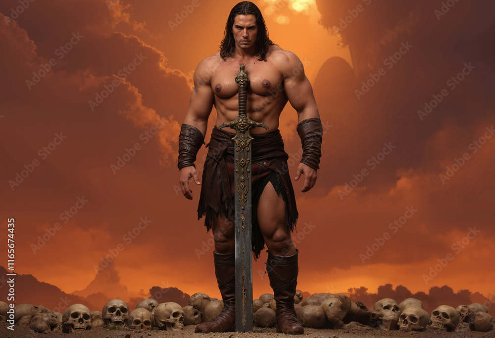 Muscular Male barbarian with sword on burning background. Fantasy concept art Muscular Male barbarian with sword on burning background. Fantasy concept art