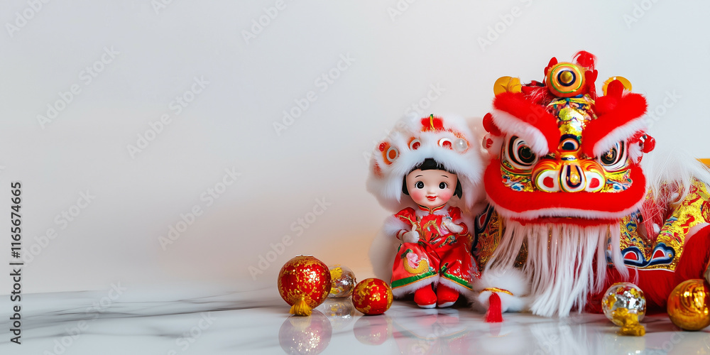a small child doll sits next to a lion dance doll surrounded by Chinese New Year ornaments on a table. lots of empty space for text. light background blur a small child doll sits next to a lion dance doll surrounded by Chinese New Year ornaments on a table. lots of empty space for text. light background blur