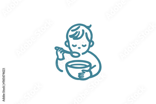 Minimalist blue vector icon of a toddler eating with a spoon from a bowl