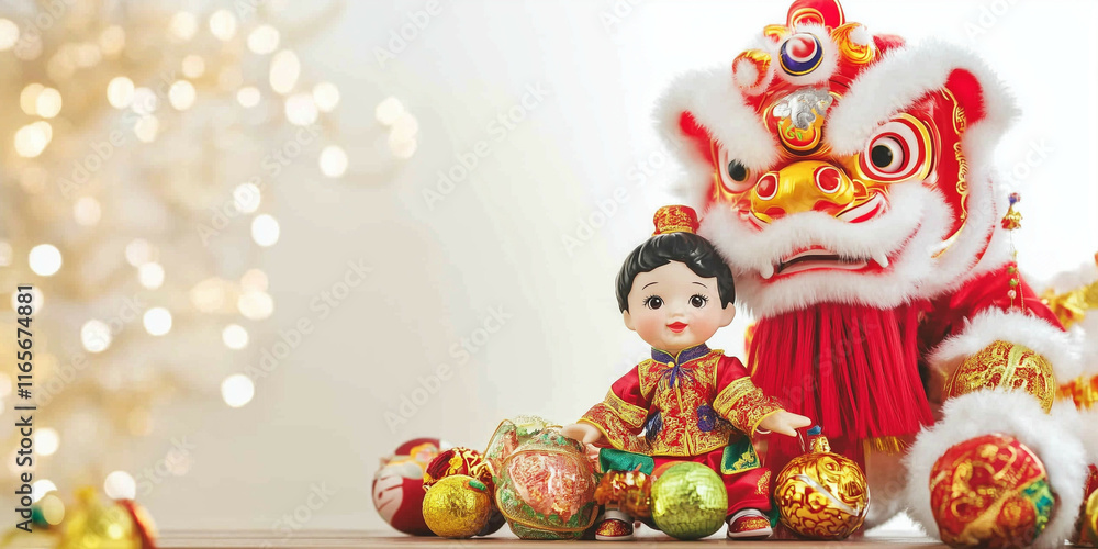 a small child doll sits next to a lion dance doll surrounded by Chinese New Year ornaments on a table. lots of empty space for text. light background blur a small child doll sits next to a lion dance doll surrounded by Chinese New Year ornaments on a table. lots of empty space for text. light background blur