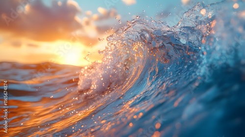 Massive ocean wave curl with crystal clear water and dynamic motion, captured under a bright blue sky. The turquoise water color and hyper-detailed surface highlight the dramatic wave photography.