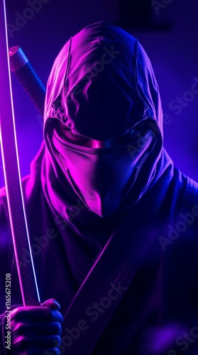 Black ninja - adorable kawaii and chibi ninja wearing black mask and cloak in fighting pose to perform ninjitsu and other martial arts photo