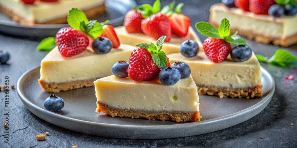 A slice of cheesecake with a creamy filling, topped with fresh strawberries and blueberries, garnished with mint leaves, served on a gray plate A slice of cheesecake with a creamy filling, topped with fresh strawberries and blueberries, garnished with mint leaves, served on a gray plate