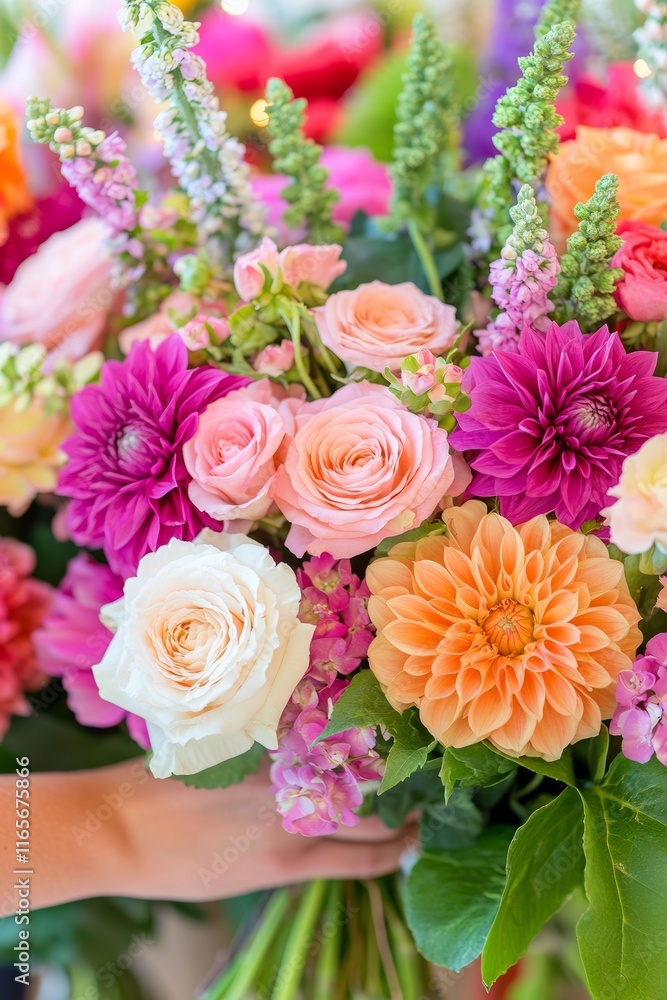 Close-Up of Florist s Hands Arranging a Vibrant Summer Bouquet with Dahlias, Roses, and Snapdragons Close-Up of Florist s Hands Arranging a Vibrant Summer Bouquet with Dahlias, Roses, and Snapdragons